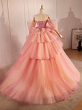 solvbao Pink Sweetheart Neck Tulle Long Ball Gown, Beautiful A-Line Evening Party Gown