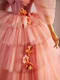 solvbao Pink Sweetheart Neck Tulle Long Ball Gown, Beautiful A-Line Evening Party Gown