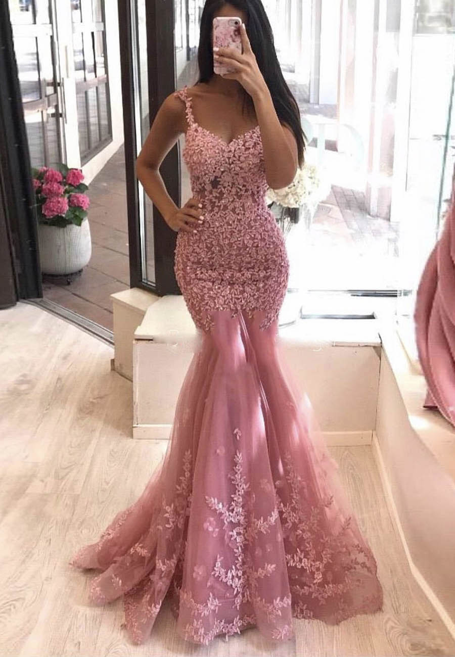 solvbao Pink Lace Long Prom Dresses, Mermaid Evening Dresses