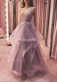 solvbao Pink V-Neck Lace Long Prom Dresses, Cute A-Line Evening Dresses