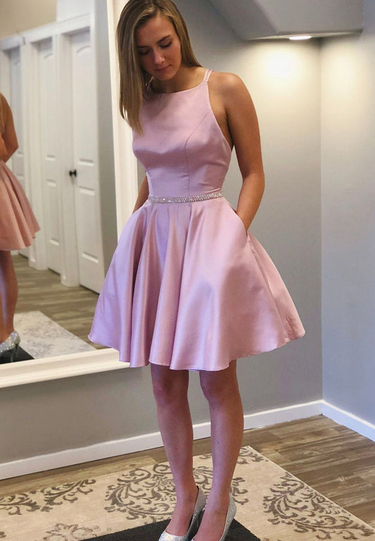 solvbao Pink Satin Short Prom Dresses, A-Line Homecoming Dresses