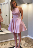 solvbao Pink Satin Short Prom Dresses, A-Line Homecoming Dresses