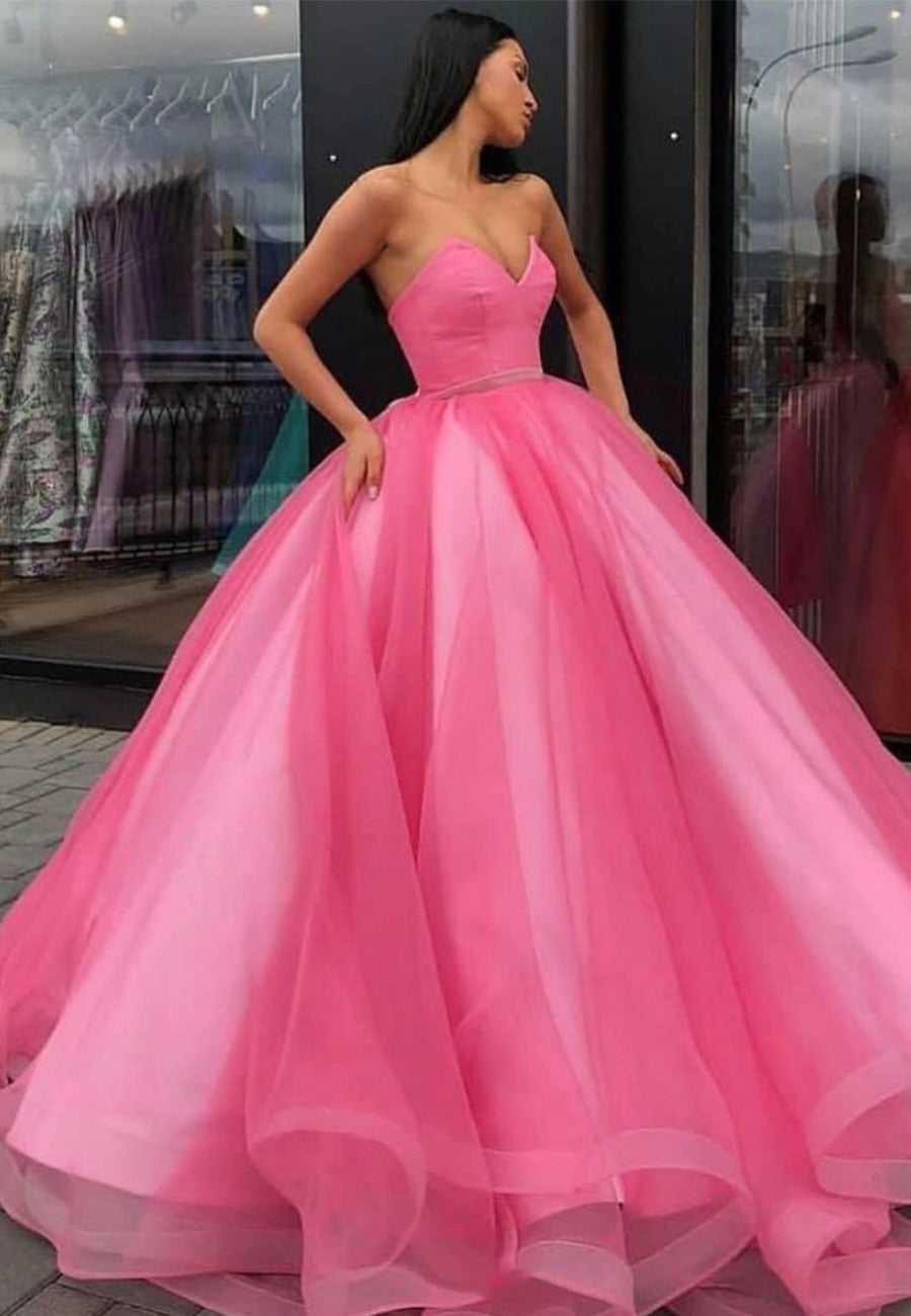 solvbao Pink Strapless Tulle Long Prom Dresses, A-Line Evening Party Dresses