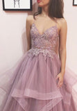 solvbao Pink V-Neck Lace Long Prom Dresses, Cute A-Line Evening Dresses