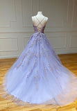 solvbao Purple Lace Long Prom Dresses, A-Line Backless Evening Dresses