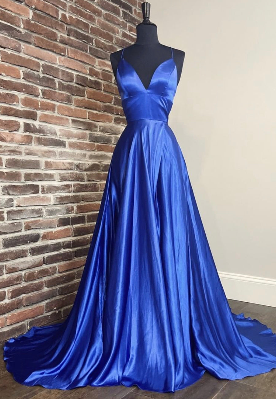 solvbao Blue V-Neck Satin Long Prom Dresses, Simple Evening Dresses