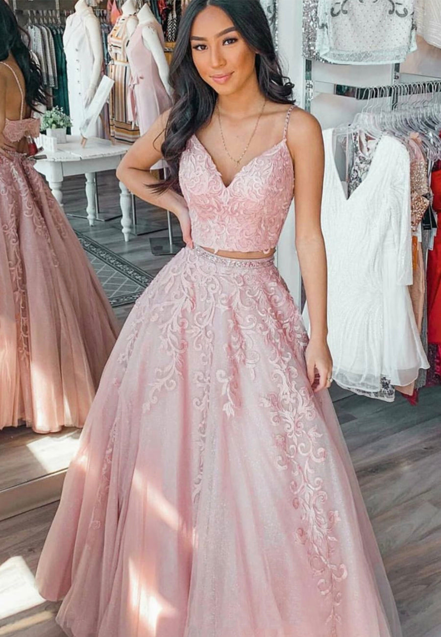 solvbao Pink Two Pieces Lace Long Prom Dresses, A-Line Evening Dresses