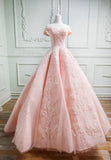 solvbao Pink Lace Long A-Line Prom Dresses, Off the Shoulder Evening Dresses