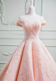 solvbao Pink Lace Long A-Line Prom Dresses, Off the Shoulder Evening Dresses