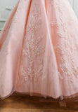 solvbao Pink Lace Long A-Line Prom Dresses, Off the Shoulder Evening Dresses