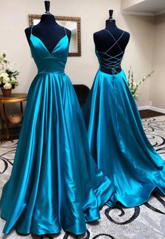 solvbao Blue V-Neck Satin Long Prom Dresses, Blue Backless Evening Dresses