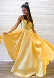 solvbao Yellow Satin Long Prom Dresses, Simple A-Line Evening Dresses