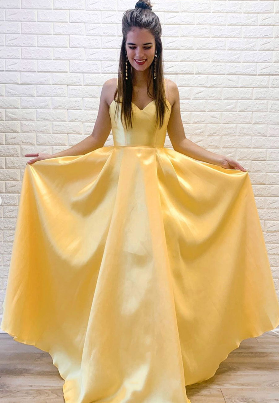 solvbao Yellow Satin Long Prom Dresses, Simple A-Line Evening Dresses