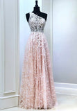 solvbao Pink Lace Long Prom Dresses, One Shoulder Evening Party Dresses