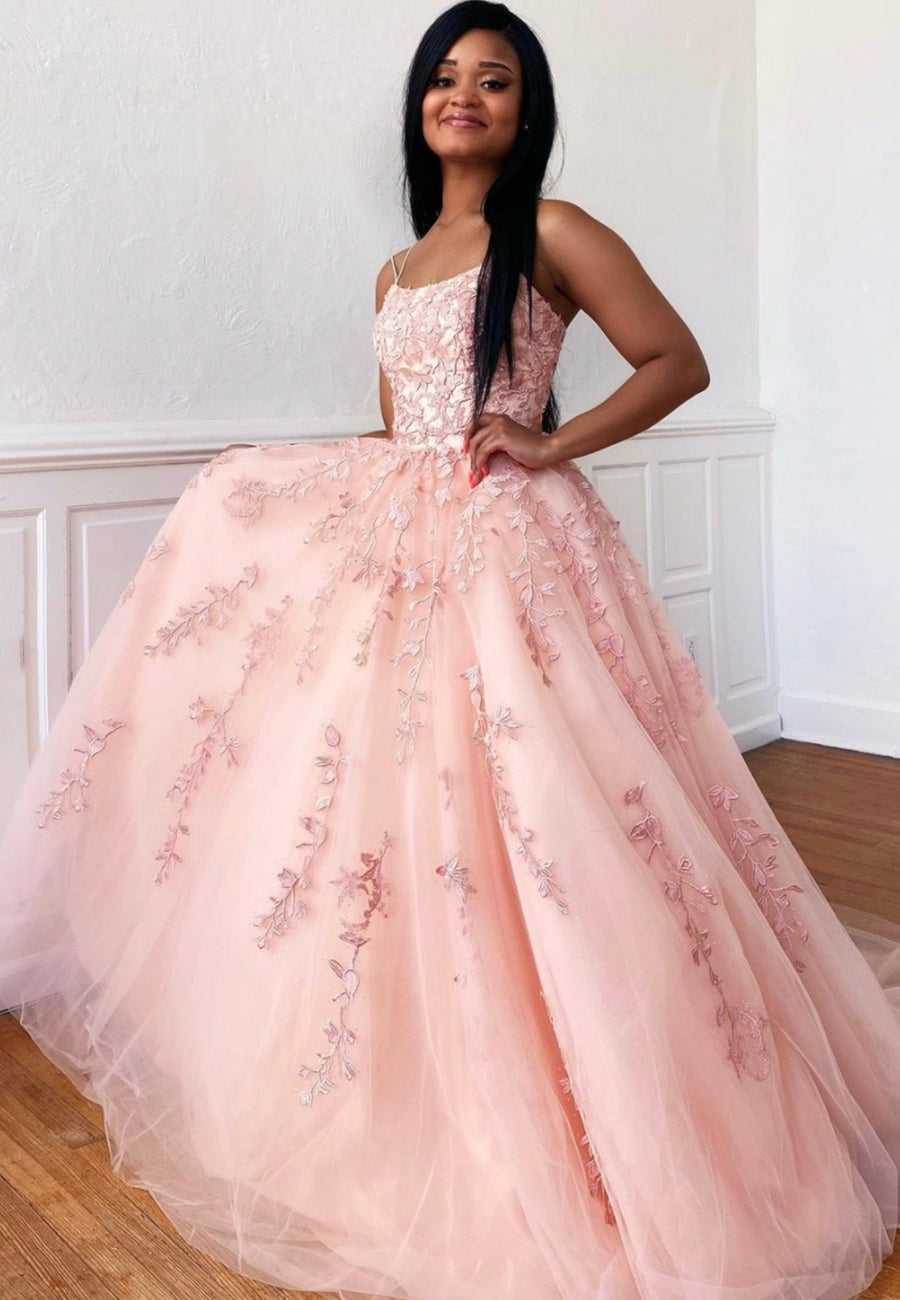 solvbao Pink Lace Long Prom Dresses, A-Line Evening Dresses