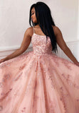 solvbao Pink Lace Long Prom Dresses, A-Line Evening Dresses