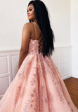 solvbao Pink Lace Long Prom Dresses, A-Line Evening Dresses