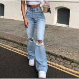 solvbao LANFUBEISI Y2k Blue Ripped Baggy Flare Pants Women High Waist Harajuku Wide Leg Denim Jeans Mom Female Streetwear Harajuku Trousers