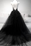 solvbao Black Tulle Long Prom Dresses, A-Line Lace Evening Party Dresses