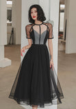 solvbao Black Tulle Short A-Line Prom Dress, Black Short Sleeve Party Dresses