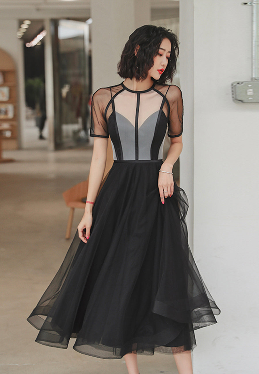 solvbao Black Tulle Short A-Line Prom Dress, Black Short Sleeve Party Dresses