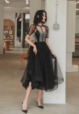 solvbao Black Tulle Short A-Line Prom Dress, Black Short Sleeve Party Dresses