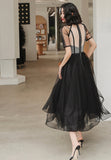 solvbao Black Tulle Short A-Line Prom Dress, Black Short Sleeve Party Dresses