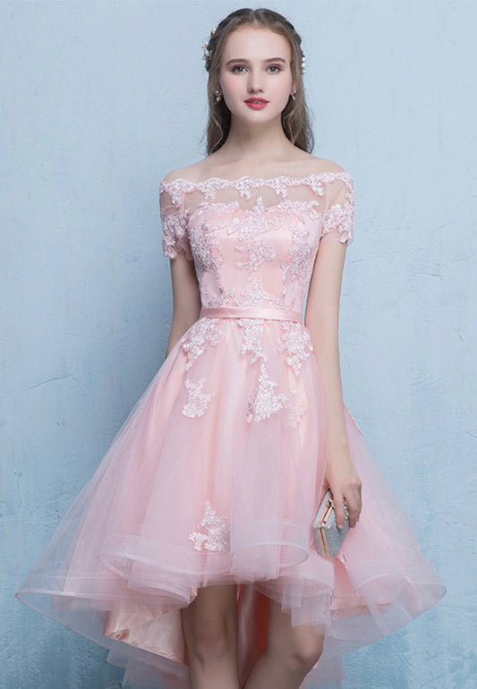 solvbao Pink Tulle Lace Short Prom Dress, High Low Evening Party Dress