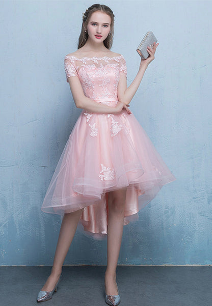 solvbao Pink Tulle Lace Short Prom Dress, High Low Evening Party Dress