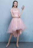 solvbao Pink Tulle Lace Short Prom Dress, High Low Evening Party Dress