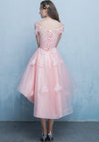 solvbao Pink Tulle Lace Short Prom Dress, High Low Evening Party Dress