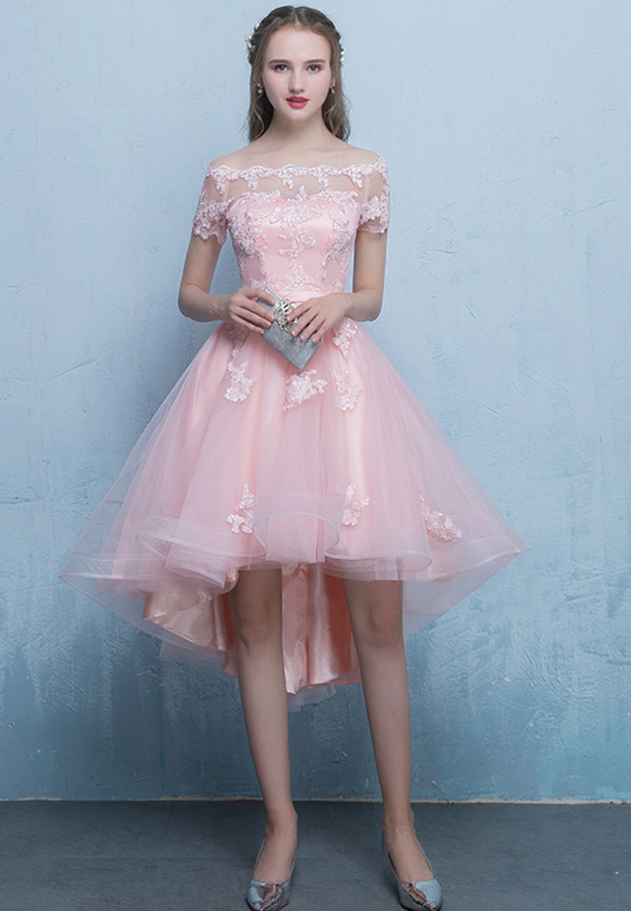 solvbao Pink Tulle Lace Short Prom Dress, High Low Evening Party Dress