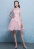 solvbao Pink Tulle Lace Short Prom Dress, High Low Evening Party Dress