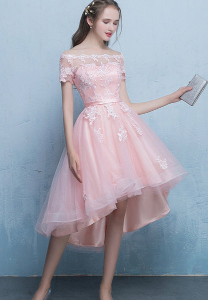 solvbao Pink Tulle Lace Short Prom Dress, High Low Evening Party Dress