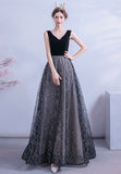 solvbao Black V-Neck Velvet Long Prom Dresses, Black Evening Dress