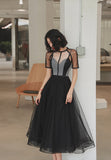 solvbao Black Tulle Short A-Line Prom Dress, Black Short Sleeve Party Dresses