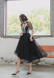 solvbao Black Tulle Short A-Line Prom Dress, Black Short Sleeve Party Dresses