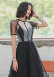 solvbao Black Tulle Short A-Line Prom Dress, Black Short Sleeve Party Dresses