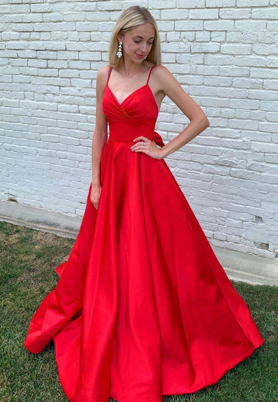 solvbao Red Satin Long Prom Dresses, A-Line Evening Dresses