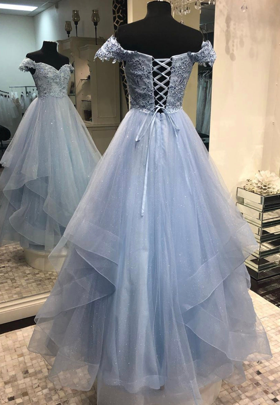 solvbao Blue Tulle Lace Long A-Line Prom Dresses