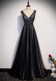 solvbao Black V-Neck Tulle Long Prom Dresses, A-Line Evening Dresses