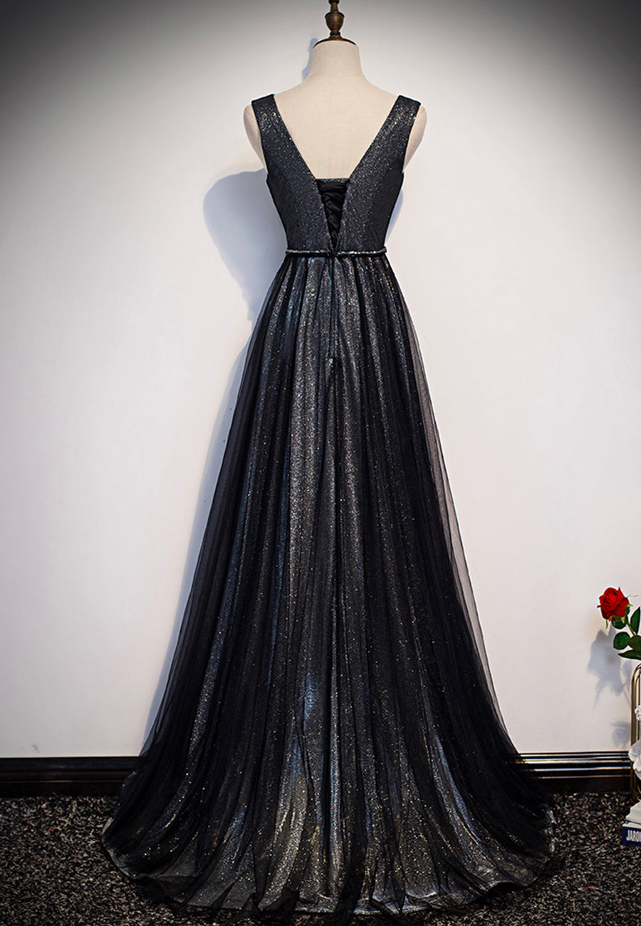 solvbao Black V-Neck Tulle Long Prom Dresses, A-Line Evening Dresses