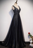 solvbao Black V-Neck Tulle Long Prom Dresses, A-Line Evening Dresses