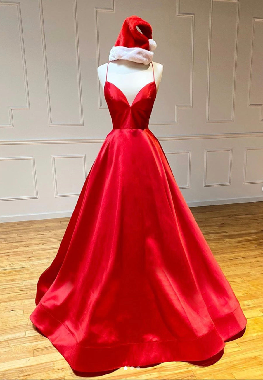 solvbao Red Satin Long Prom Dresses, Simple A-Line Evening Dresses