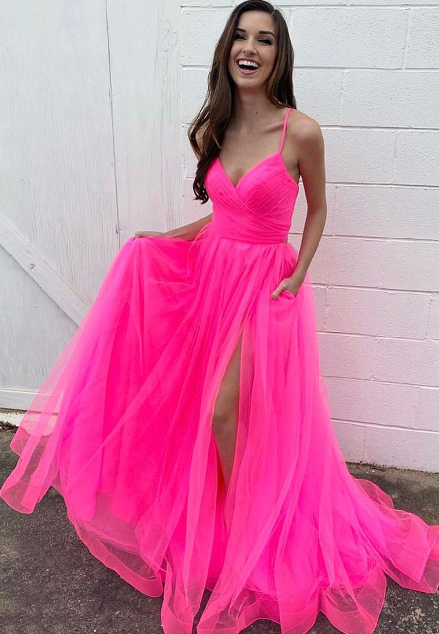 solvbao Simple Spaghetti Strap Tulle Long A-Line Prom Dresses