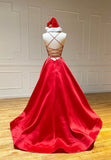 solvbao Red Satin Long Prom Dresses, Simple A-Line Evening Dresses