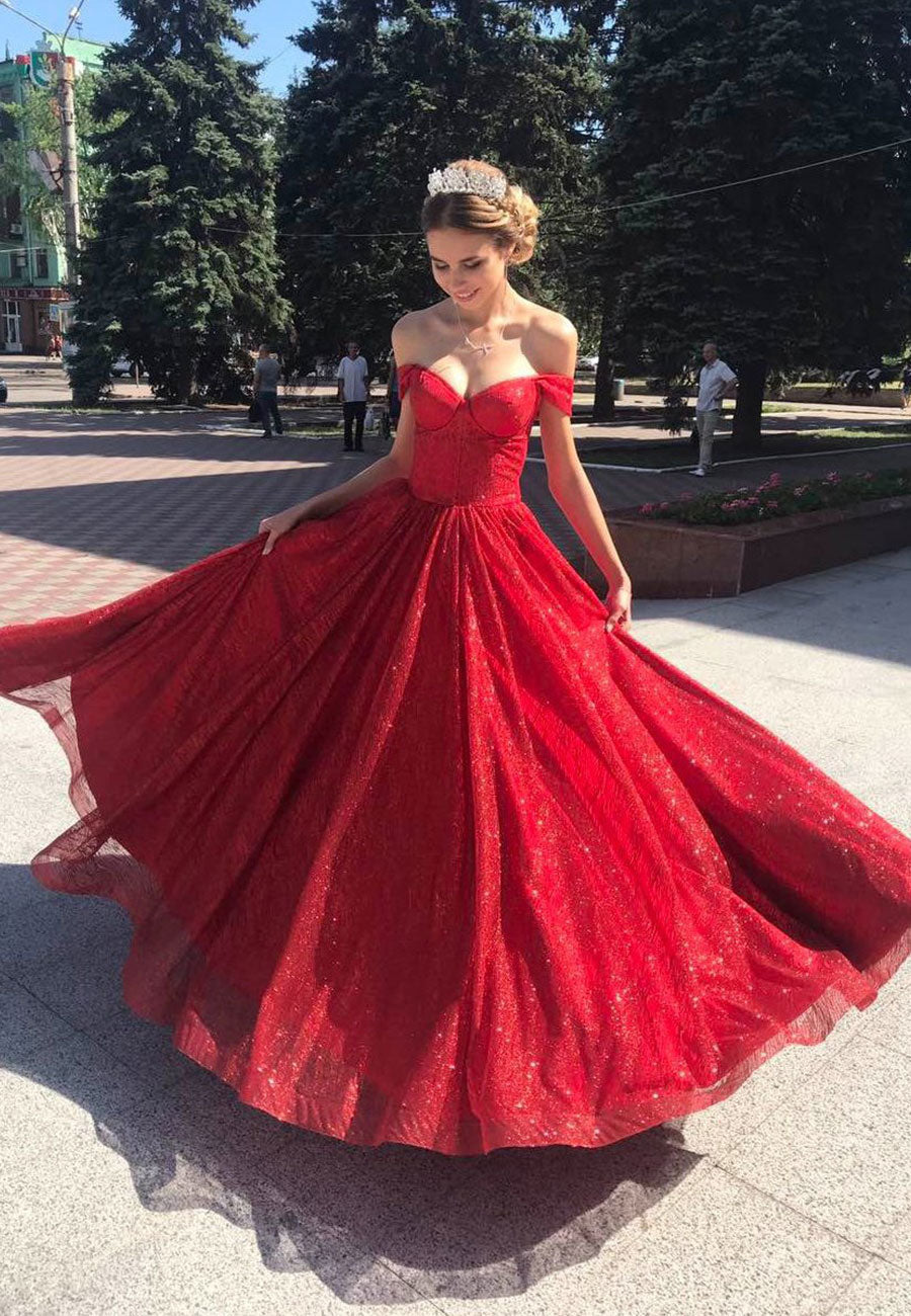 solvbao Red A-Line Tulle Long Prom Dresses, Off the Shoulder Evening Dresses