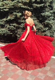 solvbao Red A-Line Tulle Long Prom Dresses, Off the Shoulder Evening Dresses