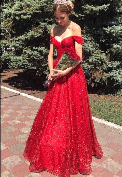 solvbao Red A-Line Tulle Long Prom Dresses, Off the Shoulder Evening Dresses