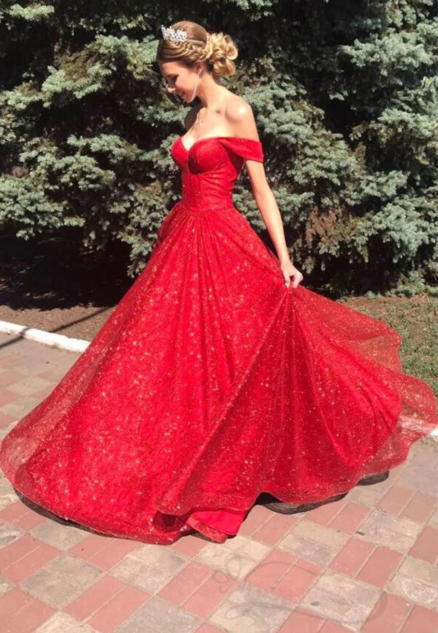 solvbao Red A-Line Tulle Long Prom Dresses, Off the Shoulder Evening Dresses